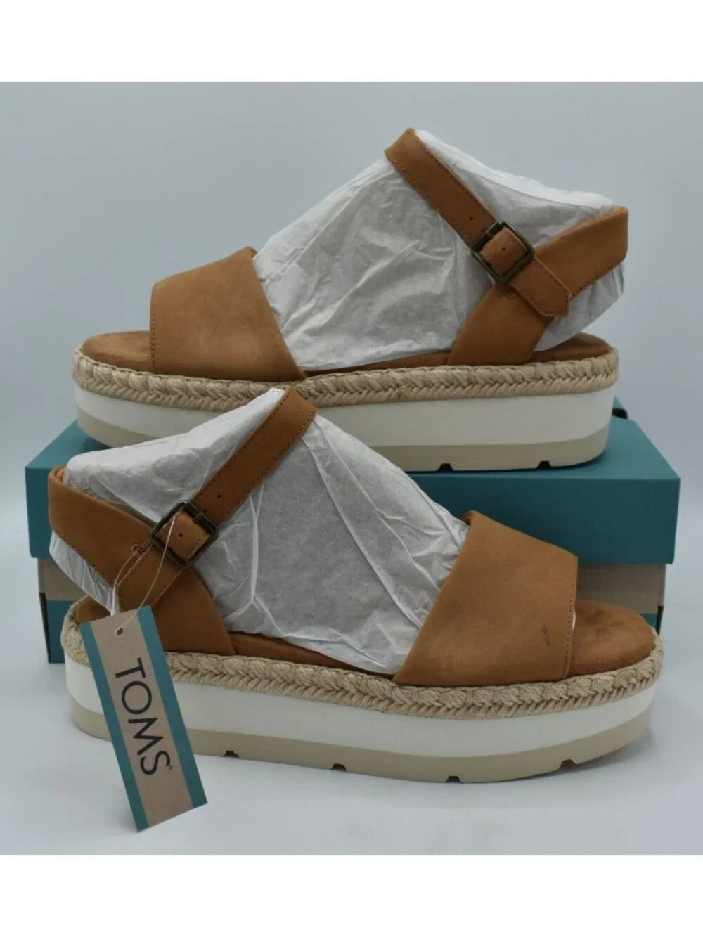TOMS‎ Womens Size 8.5 Ronan Tan Leather Espadrille Platform Sandals Shoes